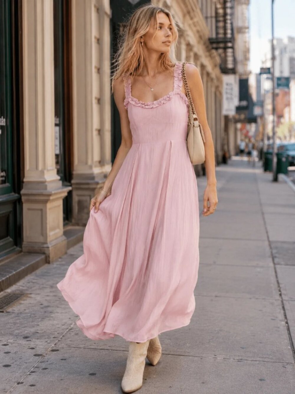 Mable Sleeveless Ruffle Trim Detailed Self Tie Maxi Dress Pink